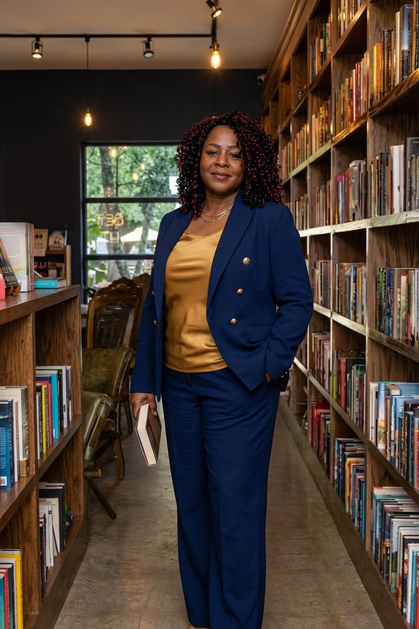 Desiree Goldey standing in a bookstore aisle wearing a navy blazer